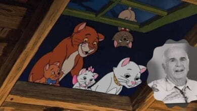 A scene from The Aristocats with an insert of Disney Animator Joe Hale