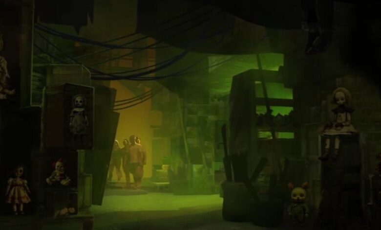 A dimly lit room with eerie green lighting contains several creepy dolls on shelves. Two figures in hazmat suits stand in the background, partially obscured by shadows. The setting appears mysterious and unsettling at Universal Horror Unleashed.