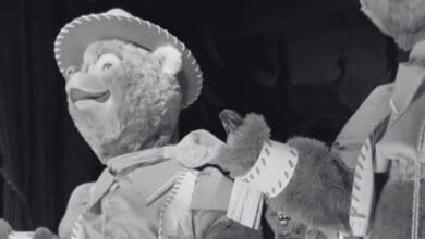 A black and white image of a Country Bear Jamboree animatronic stopped, frozen.