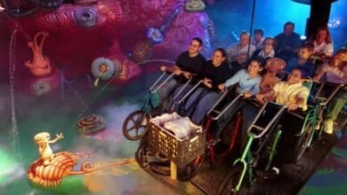 People on E.T. Adventure, seated in rows facing a colorful, fantastical scene with an alien-like figure. The setting features vibrant colors with an extraterrestrial theme, including unique plants and glowing elements.