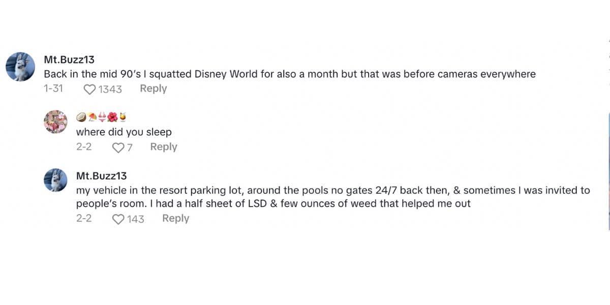 A social media post with two comments. The first comment describes squatting at Disney World in the mid-90s. The second comment asks where the person slept, and a reply mentions sleeping in a vehicle at a resort parking lot and taking LSD.