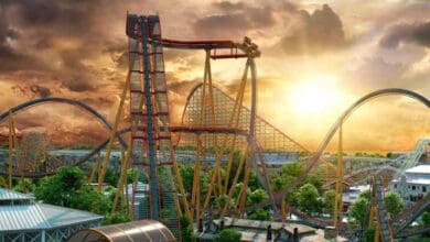 Roller coaster in front of sunset at Six Flags Fiesta Texas