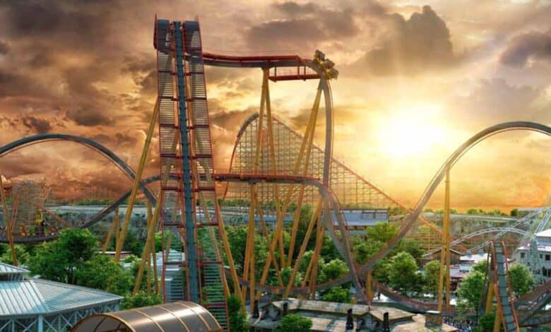 Roller coaster in front of sunset at Six Flags Fiesta Texas