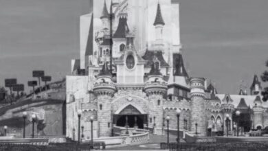A black and white image of Sleeping Beauty Castle at Disneyland Paris.