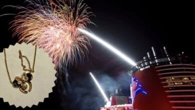 Fireworks shoot off of the Disney Wish Cruise ship with an insert of a broken necklace