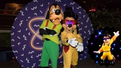Goofy and Max from Disneyland After Dark 90s Nite with an insert of the Powerline Max Popcorn Bucket