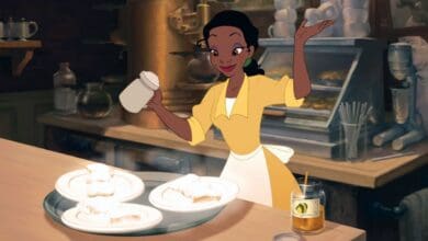 Tiana works at a diner as a waitress in The Princess and the Frog