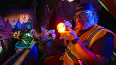 Imagineers test the new laser blasters on Buzz Lightyear's Space Ranger Spin