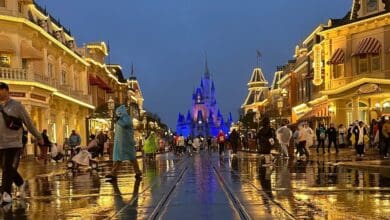 Main Street, U.S.A., at Magic Kingdom Park in Walt Disney World Resort in rainy, cold weather.