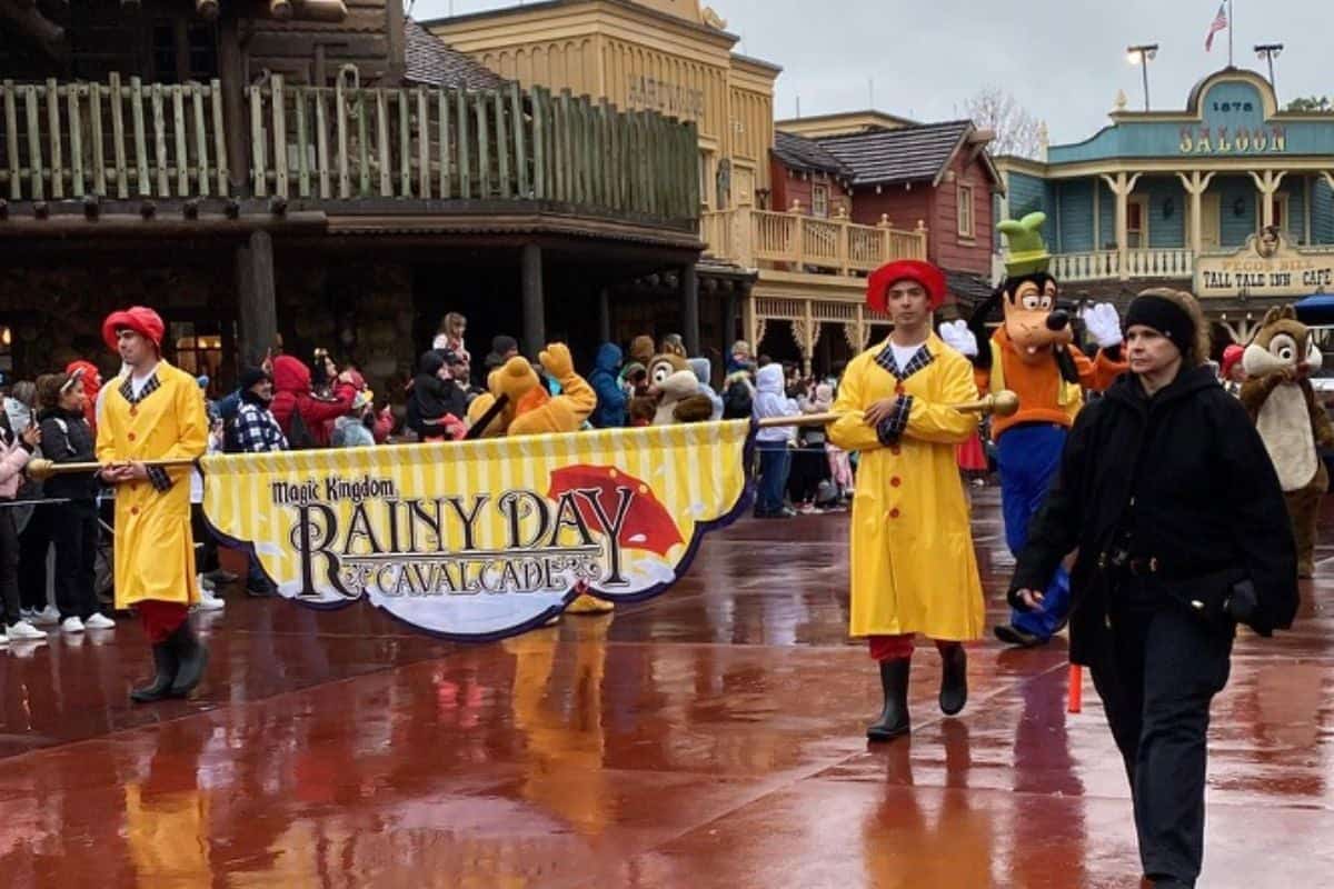 The Rainy Day Cavalcade in the cold weather at Walt Disney World Resort's Magic Kingdom.