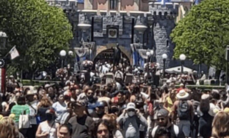 Crowds walk through Sleeping Beauty Castle at Disneyland Park.