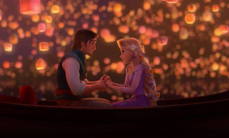 Flynn Rider and Rapunzel in the boat in Tangled