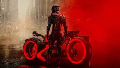 A scene in 'Tron: Ares' with Ares (Jared Leto) and his Lightcycle