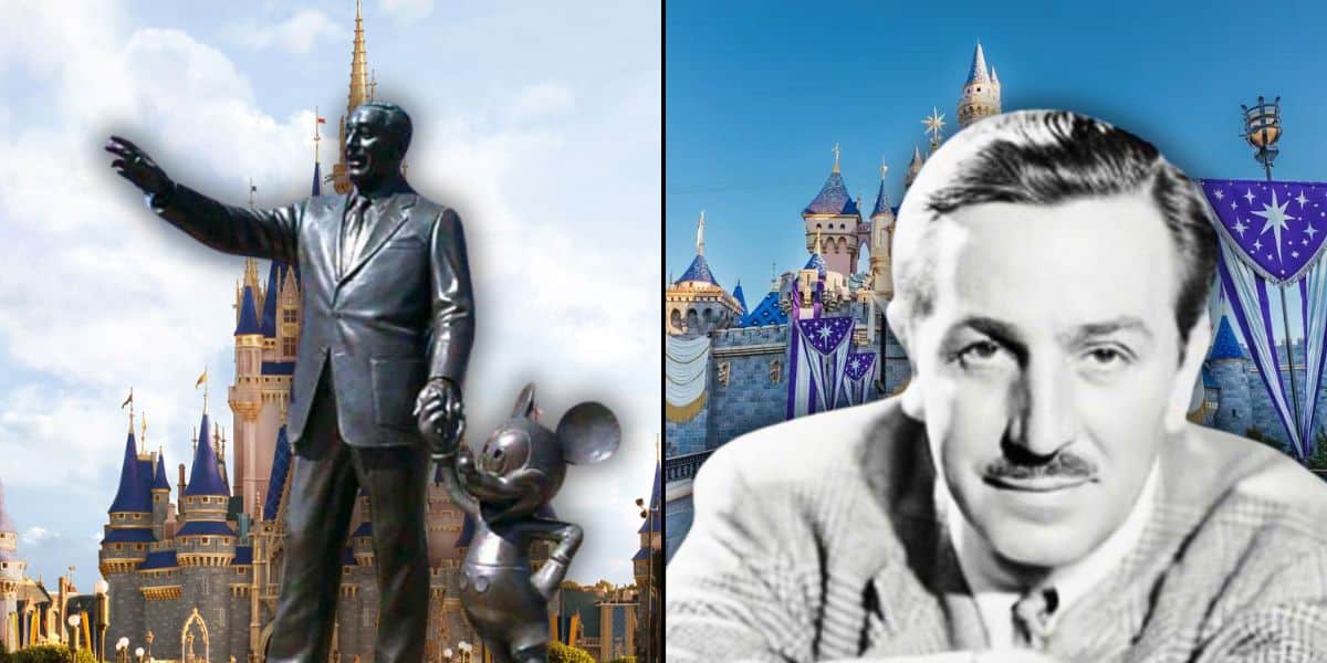 A composite image featuring a statue of a man with Mickey Mouse in front of Cinderella's Castle on the left, and a black-and-white portrait of a man against a blue sky and castle on the right.