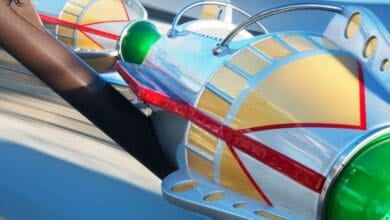 Close-up of an empty Astro Orbiter ride vehicle.