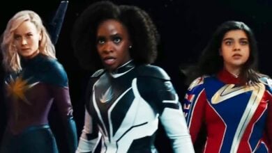 Captain Marvel, Monica Rambeau, and Ms. Marvel in their superhero suits in 'The Marvels'