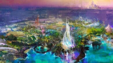 A vibrant, colorful futuristic cityscape with tall, glowing towers, lush greenery, water bodies, and distant skyline under a purple and yellow sky, blending fantasy and sci-fi elements at this new Disney park in Abu Dhabi.