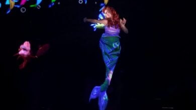 A performer dressed as a mermaid with red hair and a shiny green tail swims underwater on stage, reaching out an arm. Another sea creature performer is visible to the left against a dark, aquatic background.