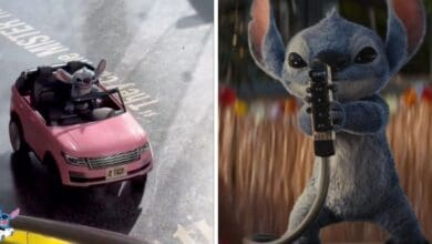 Split Image: (Left) Stitch driving a car in an AMC, (Right) Image from Lilo & Stitch live action