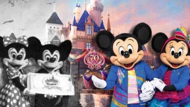 A split image shows old and new photos of Mickey and Minnie Mouse in front of Disneyland’s castle, highlighting Disneyland’s 70th anniversary celebration with colorful decorations.