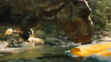 The T-Rex during the river scene in 'Jurassic World Rebirth'
