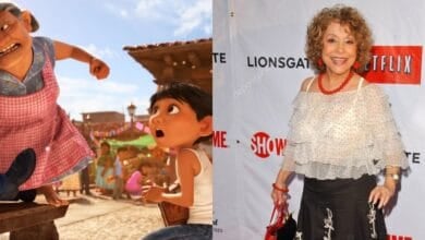 On the left, a scene from the animated movie "Coco" showing an older woman angrily chasing a boy. On the right, Renee Victor in a white top and black pants poses on a red carpet.
