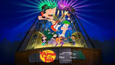 Animated characters from "Phineas and Ferb" perform on a lit-up concert stage, playing instruments with colorful spotlights. The show’s logo and info about the new season on Disney+ appear at the bottom.