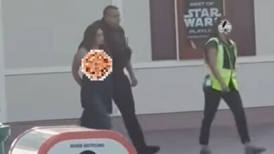Police making an arrest of a half-nude (censored) woman at Disneyland Resort.