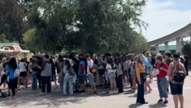 Crowds in the Disneyland Resort esplanade on Tuesday, May 27