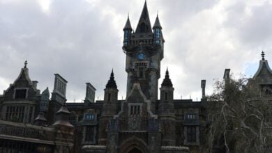Frankenstein castle in Dark Universe inside Epic Universe theme park