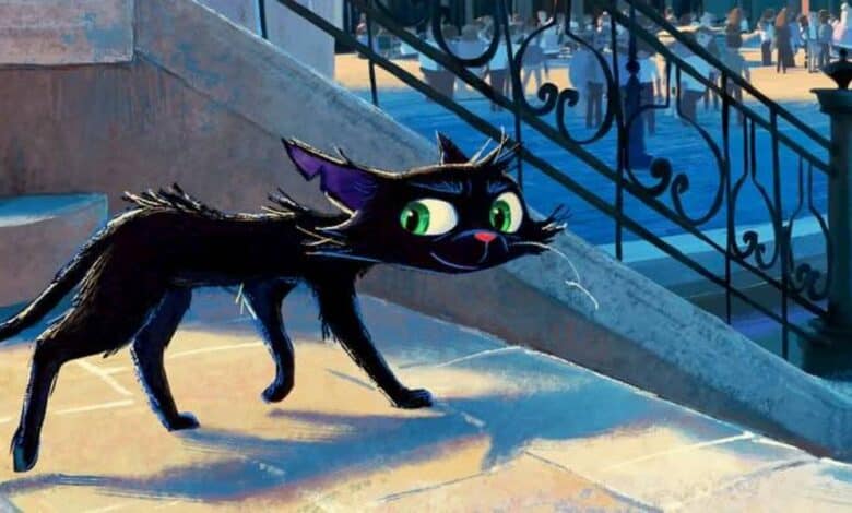 A black cartoon cat with green eyes and a mischievous expression stands on sunlit stone steps, resembling a character from a Pixar new film, with people and buildings visible in the background.