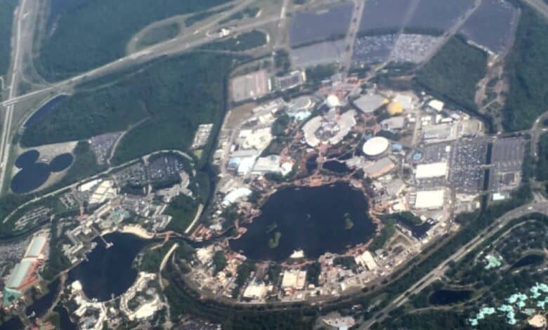Aerial view of EPCOT taken from a plane.