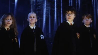Tom Felton as Draco, Emma Watson as Hermione, Daniel Radcliffe as Harry, and Rupert Grint as Ron