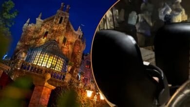 Left: The Haunted Mansion exterior at night. Right: Doom Buggys stopped on the Haunted Mansion in the graveyard.