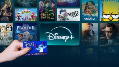 A hand holds a D23 Gold Member card in front of a TV screen displaying the Disney+ logo and various Disney movie and show thumbnails, including Frozen II, The Simpsons, Moana, and Inside Out 2.
