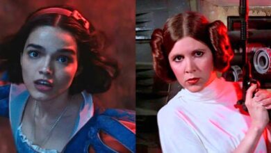 A split image shows two women: on the left, Rachel Zegler as Snow White; on the right, Carrie Fisher as Princess Leia in 'Star Wars'