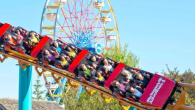 People ride a bright red and yellow roller coaster called "Mind Eraser" at an amusement park, with a colorful Ferris wheel and blue sky in the background. The riders appear excited and thrilled at this Six Flags theme park.