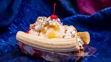 A classic banana split dessert in a clear plastic dish, featuring a split banana, scoops of ice cream topped with whipped cream, sprinkles, pineapple, and a cherry—perfect for celebrating Disneyland 70th anniversary food favorites.