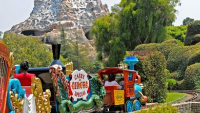 The Casey Jr Circus Train ride in front of the Matterhorn at Disneyland Park