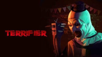 A sinister clown in white makeup and a black hat holds a bloody weapon. The word "TERRIFIER" appears in red, jagged letters on a dark background, with festive banners behind him—perfect for Halloween Horror Nights chills.