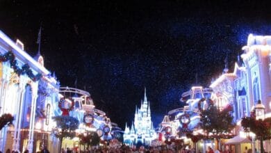 Mickey's Very Merry Christmas Party decorations on Main Street, U.S.A.