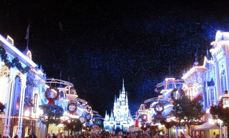 Mickey's Very Merry Christmas Party decorations on Main Street, U.S.A.