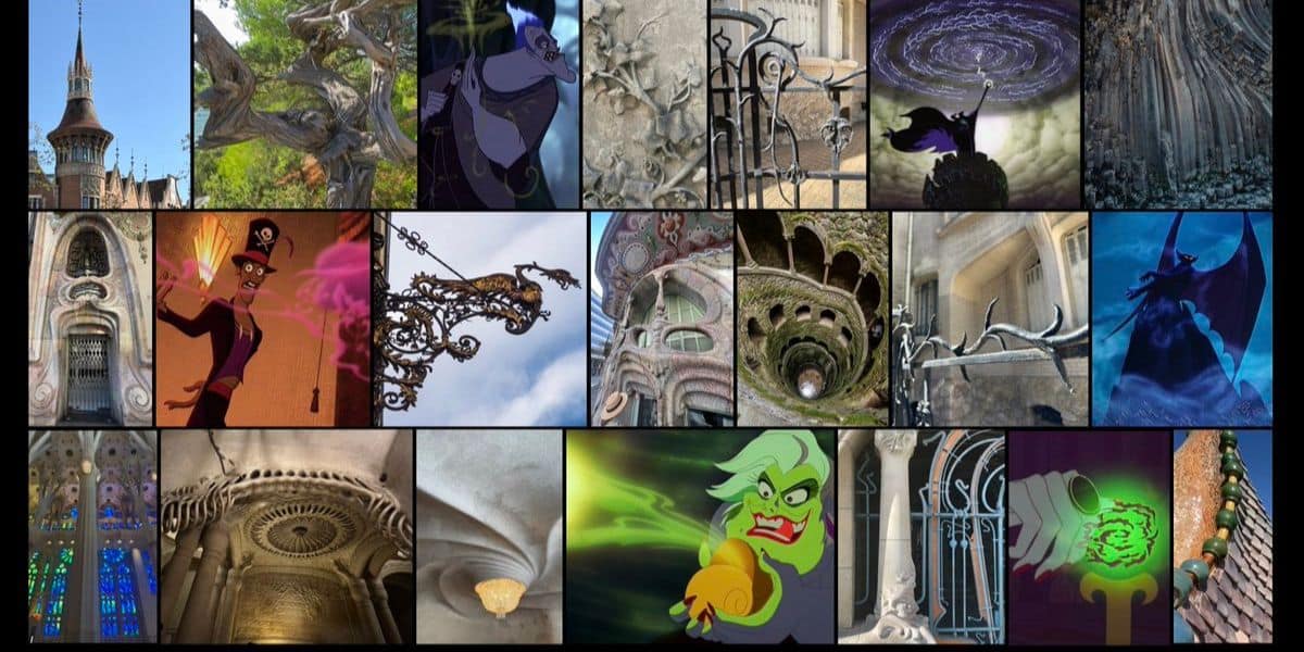A collage comparing scenes of Disney villains with intricate, twisting architectural details, ornate gates, and stained glass, highlighting similarities in shapes, colors, and dramatic forms between animation and real structures.