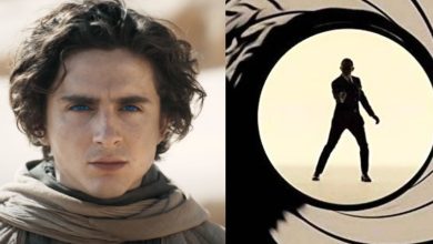 A split image: Timothée Chalamet in 'Dune: Part Two' and the iconic Bond circle logo