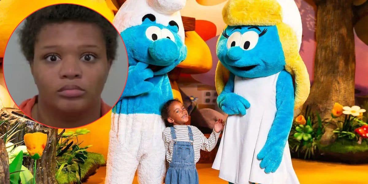 A young child in overalls smiles and holds hands with two people dressed as Smurfs in a colorful, cartoon-like setting; an inset shows a mugshot of a woman with short hair and a neutral expression.
