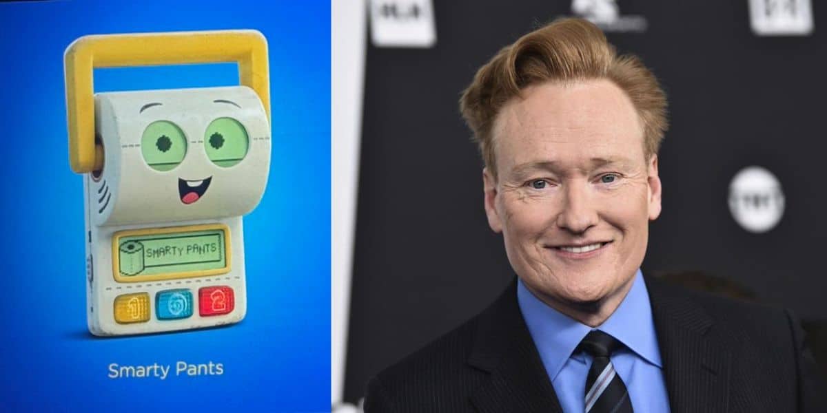 Split image: Left side shows a cartoon device labeled "Smarty Pants" with a smiling face and colorful buttons. Right side shows a man with light skin and reddish hair, wearing a dark suit and blue shirt, smiling at an event.