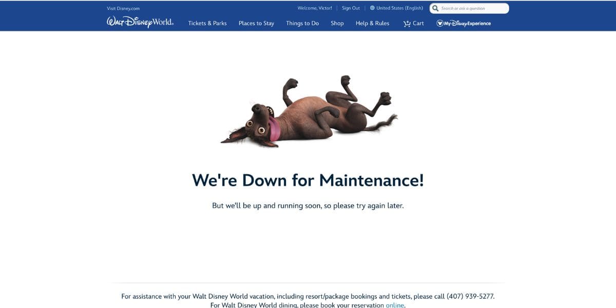 A playful dog character lies on its back with its tongue out on the Walt Disney World website's maintenance page, displaying the message: "We're Down for Maintenance! Please try again later.