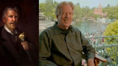 On the left, a painted portrait of an older man with gray hair and a mustache holding a golden cane. On the right, a smiling older man with gray hair sits on a balcony overlooking a crowded theme park.