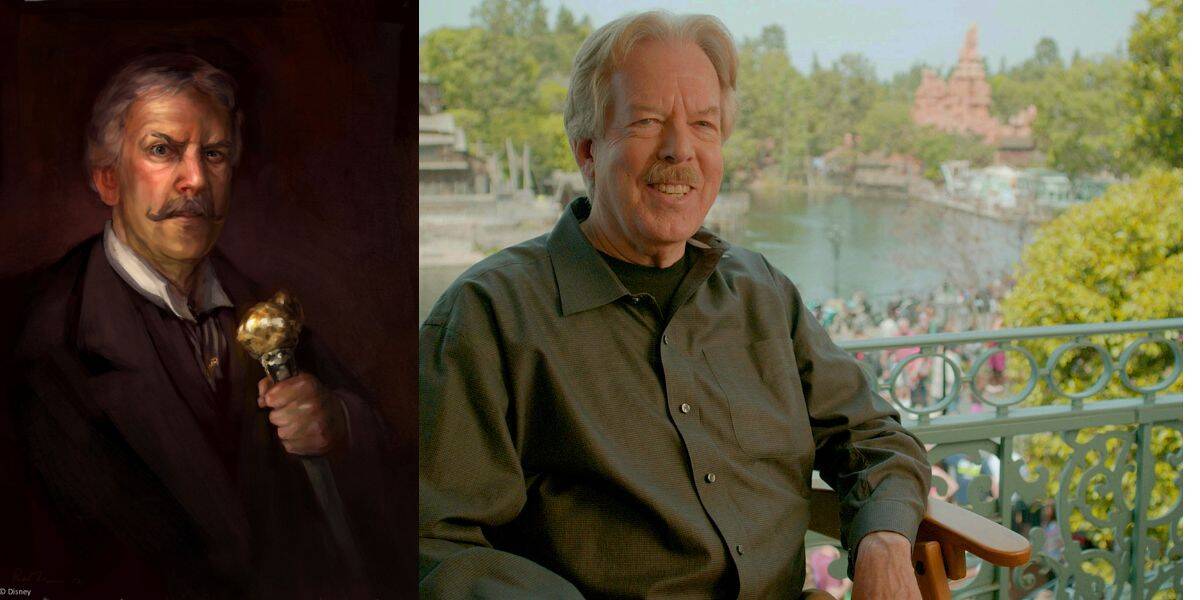 On the left, a painted portrait of an older man with gray hair and a mustache holding a golden cane. On the right, a smiling older man with gray hair sits on a balcony overlooking a crowded theme park.