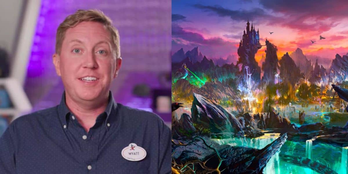 A smiling person with short blond hair wearing a dark button-up shirt and a name tag that reads "Wyatt" sits indoors; beside them is a colorful fantasy landscape with a castle, mountains, and glowing rivers.